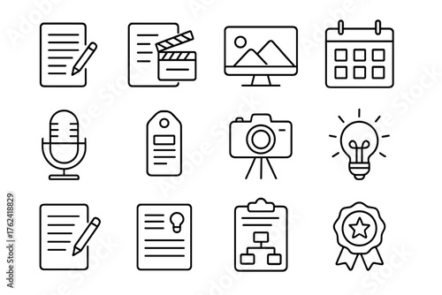 Content Creation Icons. Line style round icons of content creation: blog post, video script, graphic icon, editorial calendar;