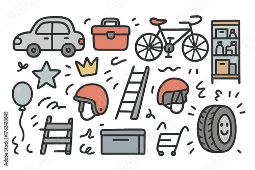Garage Doodle Icons. Garage doodle icon set: hand drawn icons of car, toolbox, bike, shelves, crown, star, balloon, ladder, helmet