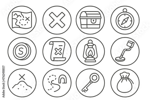 Treasure Hunt Icons. Line style round icons of treasure hunting: map, X mark, chest, compass; coin, clue scroll, lantern, metal