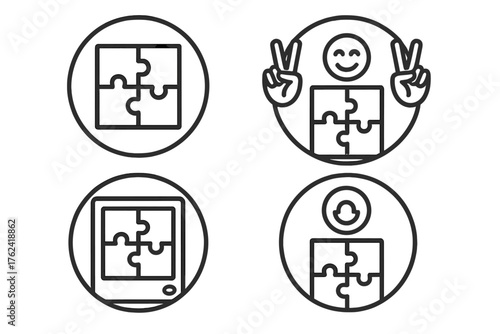 Finished Puzzle Icons. Line style round icons of finished puzzles: full image, flat grid, border complete, centered logo; clear