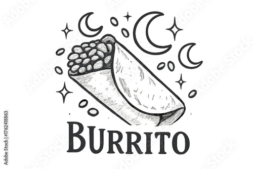 Cosmic Burrito Design. Hand-drawn burrito with moons, beans, and sparkles, center word “Burrito” in black and white isolated