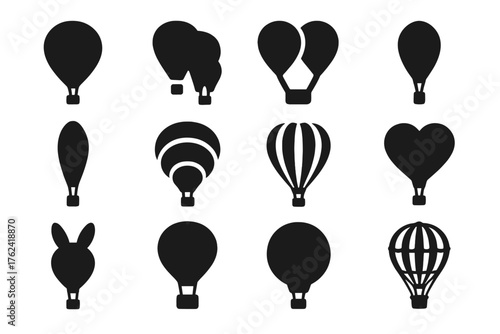 Balloon Icons Collection. Solid style icons of Balloon types and shapes: classic teardrop, special shape balloon, twin envelope,