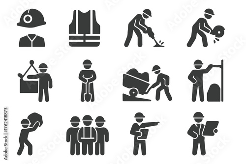 Quarry Worker Icons. Solid style icons of Quarry Workers: miner helmet, safety vest, worker drilling, worker cutting, worker
