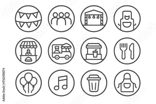 Food Festival Icons. Line style round icons of food festival: bunting, crowd, stage, tasting booth; food truck, drink stand,