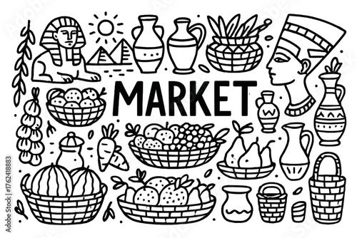 Egyptian Market Doodle. Doodle egyptian market with fruits, jars, and baskets, center word “Market” in black and white isolated