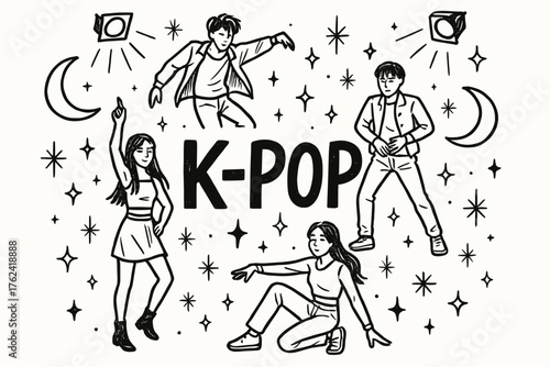 K-pop Dance Illustration. Hand-drawn k-pop dance with moons, lights, and sparkles, center word “KPop” in black and white isolated