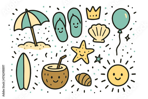 Beach Doodle Icons. Beach holiday doodle icon set: hand drawn icons of umbrella, flip flops with smile, shell, crown, star,