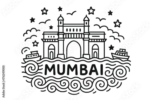 Mumbai Gateway Doodle. Doodle mumbai gateway of india with waves, stars, and boats, center word “Mumbai” in black and white