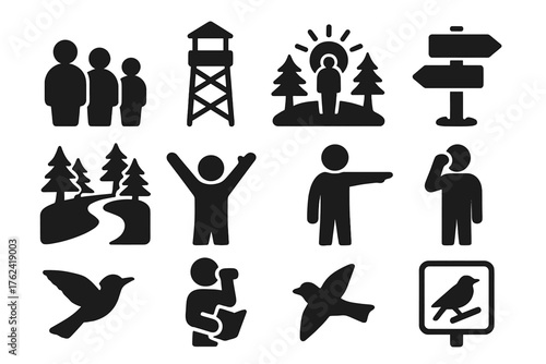 Birdwatching Adventure Icons. Solid style icons of Birdwatching Outing: group silhouette, bird tower, forest lookout, morning
