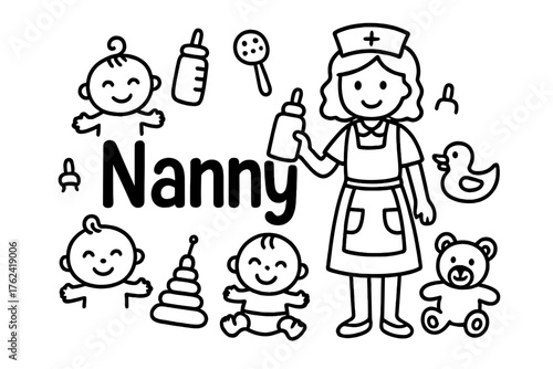 Nanny's Playful World. Doodle nursemaid with bottles, toys, and smiling babies, center word “Nanny” in black and white isolated