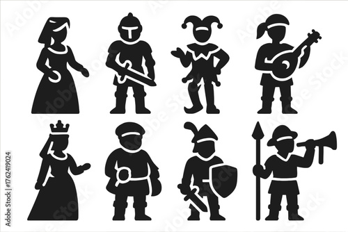 Festival Icons Collection. Solid style icons of Festival Characters: noblewoman, armored knight, jester, bard, queen, merchant,