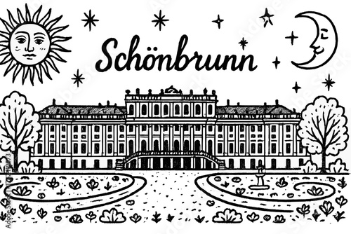 Schonbrunn Palace Illustration. Hand-drawn schonbrunn palace with suns, moons, and gardens, center word “Schonbrunn” in black and