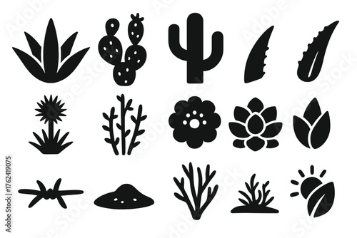 Desert Plant Icons. Solid style icons of Desert Flora: agave plant, prickly pear, saguaro silhouette, aloe vera leaf, yucca stem,