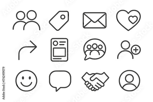 Social Media Line Icons. Line style round icons of social connections: friend icon, follow tag, direct message, heart bubble;