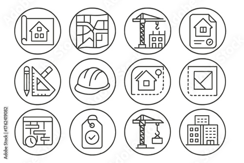 Real Estate Icon Set. Line style round icons of real estate development: blueprint icon, zoning map, construction site, permit