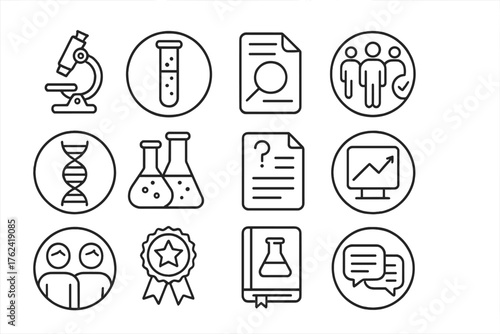 Medical Research Icons. Line style round icons of medical research: lab microscope, test tube, research paper, clinical trial; DNA