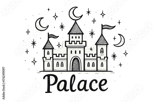 Royal Palace Illustration. Hand-drawn royal palace with moons, flags, and sparkles, center word “Palace” in black and white