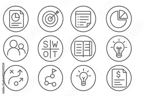 Business Planning Icons. Line style round icons of business planning: business plan, goal icon, timeline sheet, pie chart;