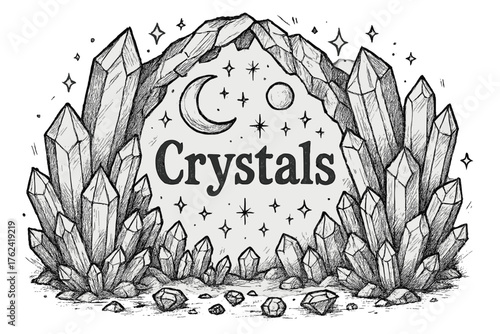 Mystical Crystal Caves. Hand-drawn crystal caves with moons, sparkles, and gems, center word “Crystals” in black and white