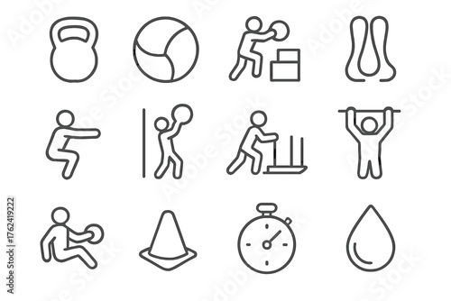 Functional Fitness Icons. Line style round icons of functional fitness: kettlebell, medicine ball, box jump, rope; bodyweight