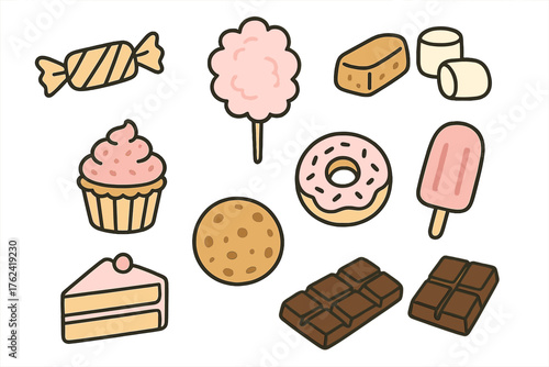 Sweet Treats Doodle. Sweet treats doodle icon set: hand drawn icons of candy, toffee, cotton candy, marshmallows, cupcake, donut,