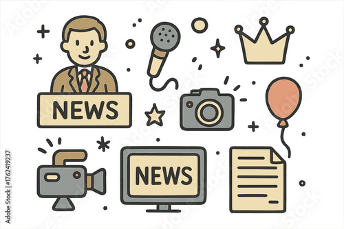 News Doodle Icons. News broadcast doodle icon set: hand drawn icons of TV anchor, mic, crown, star, balloon, camera, screen, and