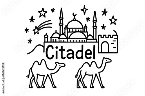 Cairo Citadel Doodle. Doodle cairo citadel with stars, domes, and camels, center word “Citadel” in black and white isolated