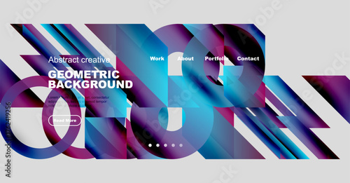 Abstract geometric background features vibrant blue, purple hues. Text overlays include work, about, portfolio, contact options. Button reads read more.