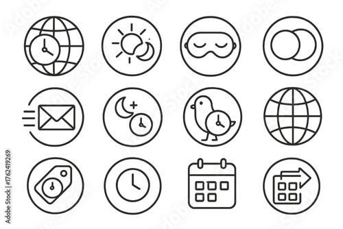 Time Zone Icons. Line style round icons of time zone work: clock globe, sun and moon, sleep mask, overlap icon; async message,