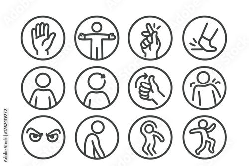 Expressive Gesture Icons. Line style round icons of expressive gestures: hand wave, open arms, snap fingers, foot stomp; head tilt