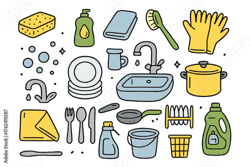 Kitchen Cleaning Icons. Kitchen cleaning doodle icon set: hand drawn icons of sponge, dish soap, towel, brush, gloves, sink,