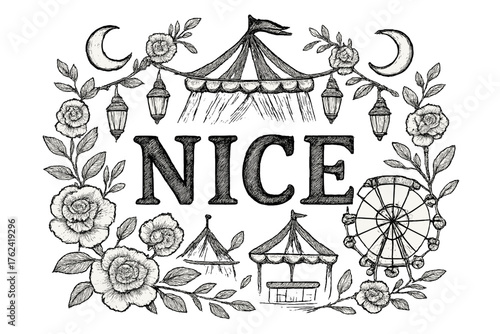 Nice Carnival Celebration. Hand-drawn nice carnival with lanterns, flowers, and moons, center word “Nice” in black and white