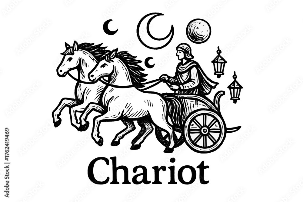Naklejka premium Chariot with Moons. Hand-drawn chariot with moons, horses, and lanterns, center word “Chariot” in black and white isolated