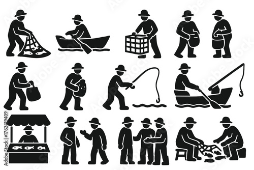 Fishermen at Work Icons. Solid style icons of Fishermen at Work: hauling net, rowing dinghy, setting traps, unloading catch,