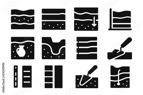 Stratigraphy Layer Icons. Solid style icons of Stratigraphy Layers: soil layers, labeled stratum, depth indicator, sediment band,