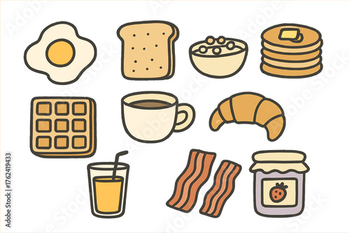 Breakfast Doodle Icons. Breakfast doodle icon set: hand drawn icons of fried egg, toast, cereal bowl, pancakes, waffles, coffee