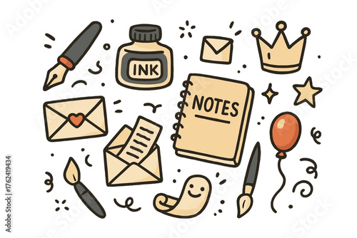 Calligraphy Icon Collection. Calligraphy doodle icon set: hand drawn icons of pen, ink bottle, notebook, letters, crown, star,