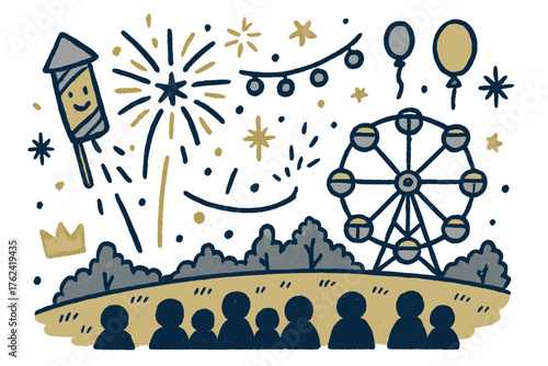Fireworks and Smiling Rocket. Fireworks night park illustration doodle style: hand drawn rocket with smile, ferris wheel, crown,