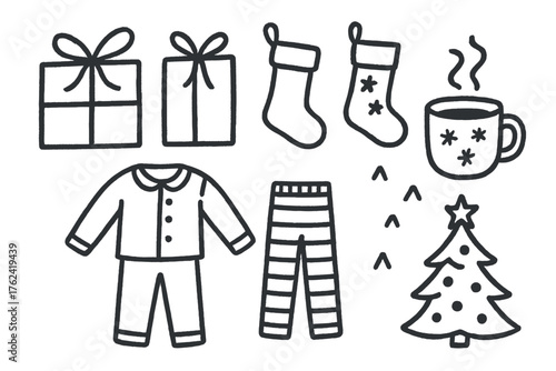 Christmas Morning Icons. Christmas morning doodle icon set: hand drawn icons of presents, stockings, pajamas, cocoa, and tree.