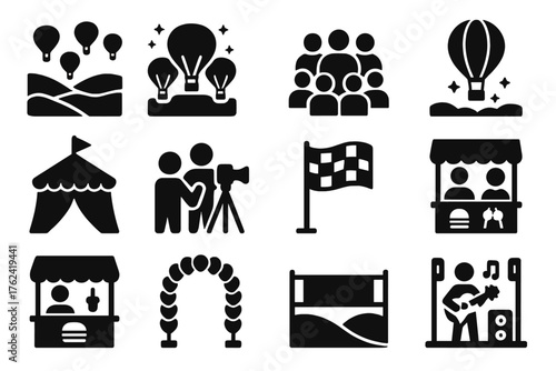 Balloon Festival Icons. Solid style icons of Balloon festival scenes: balloon race, balloon glow, crowd gathering, night launch,
