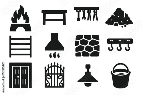 Workshop Equipment Icons. Solid style icons of Workshop equipment and setup: forge fire, workbench, tool rack, coal pile, metal