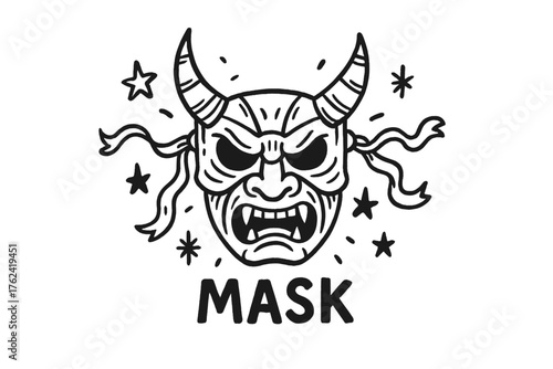 Doodle Samurai Mask. Doodle samurai mask with horns, ribbons, and stars, center word “Mask” in black and white isolated