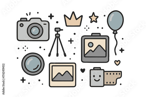 Cute Photography Icons. Photography doodle icon set: hand drawn icons of camera, tripod, crown, star, balloon, lens, photo frame,