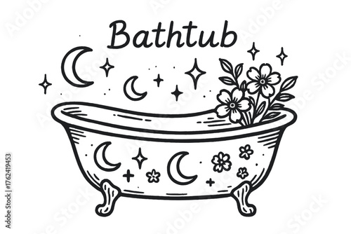 Bathtub with Moons. Hand-drawn bathtub with moons, sparkles, and flowers, center word “Bathtub” in black and white isolated
