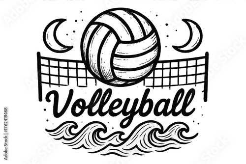 Volleyball and Waves Scene. Hand-drawn volleyball with net, moons, and waves, center word “Volleyball” in black and white isolated