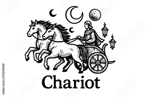Chariot with Moons. Hand-drawn chariot with moons, horses, and lanterns, center word “Chariot” in black and white isolated