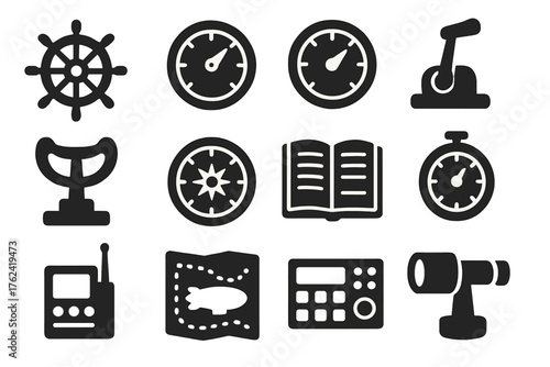 Zeppelin Control Icons. Solid style icons of Zeppelin navigation and control: steering wheel, altimeter dial, speed gauge,