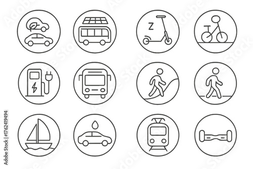 Eco Transportation Icons. Line style round icons of eco transportation: electric car, solar bus, bike lane, e-scooter; charging