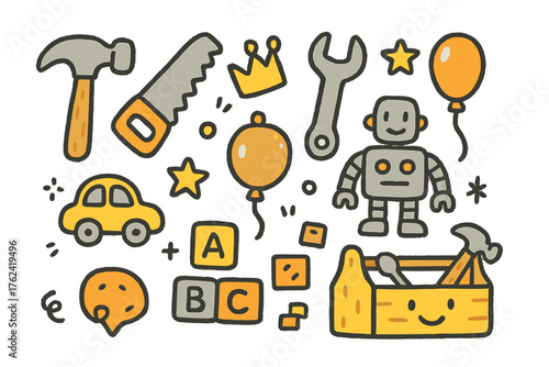 Toy Workshop Icons. Toy workshop doodle icon set: hand drawn icons of hammer, saw, wrench, screwdriver, crown, star, balloon, car,