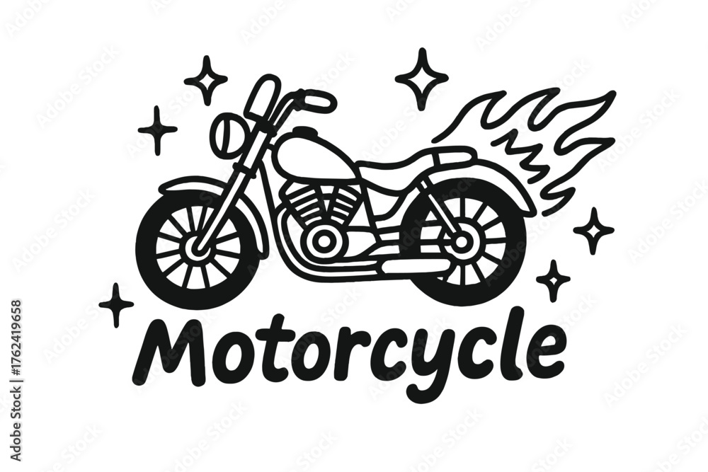 Obraz premium Fiery Motorcycle Doodle. Doodle motorcycle with flames, stars, and sparkles, center word “Motorcycle” in black and white isolated